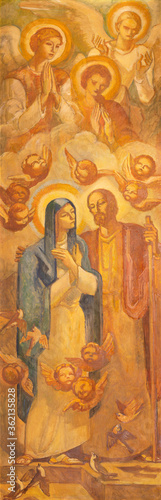 BARCELONA, SPAIN - MARCH 3, 2020: The painting of holy pair Virgin Mary and St. Joseph in the church Santuario Nuestra Senora del Sagrado Corazon by Francesc Labarta (1960).