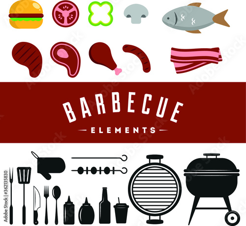 Bbq grill and food grilled, tools. Meat, steak and sausage.