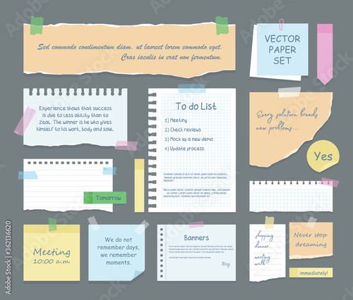 Vector set of note paper with text, stickers, notebook, copybook with sticky colorful tape. Ripped strips for text or message isolated on grey background. Vintage note sheet of paper. To do list