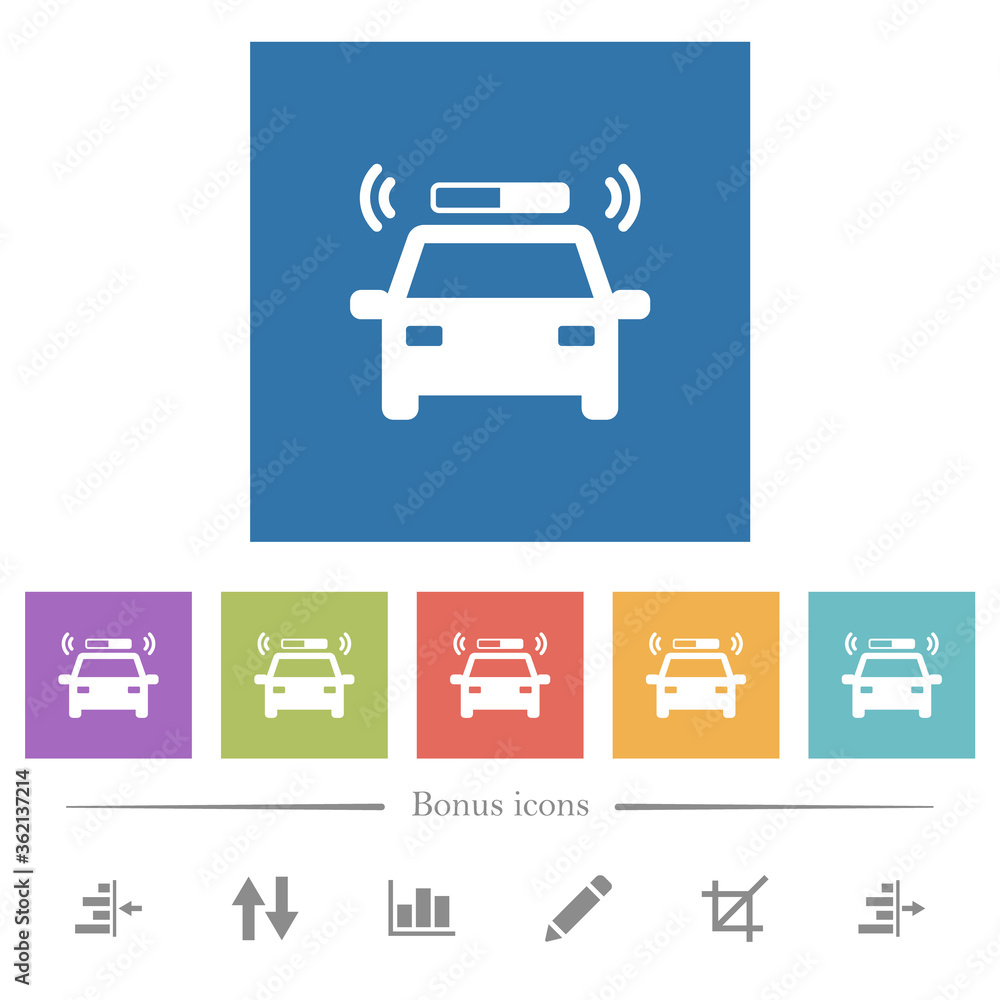 Flashing police car flat white icons in square backgrounds Flashing police car flat white icons in square backgrounds