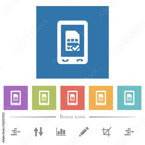 Mobile simcard accepted flat white icons in square backgrounds