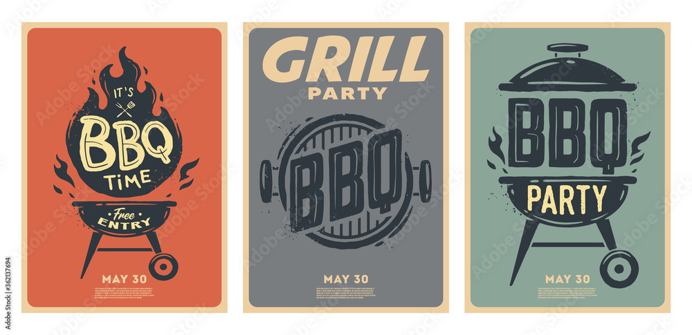 Set of barbecue posters. BBQ time. Barbecue party. Vintage poster. - obrazy, fototapety, plakaty 