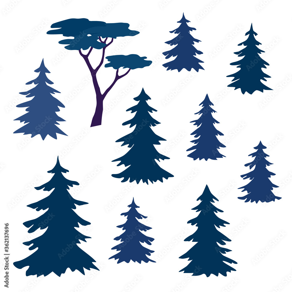 Obraz premium Set of coniferous trees. Silhouettes of firs and pines. Forest plants. Symbol of the New Year and Christmas holiday. Stock vector flat illustration isolated on white