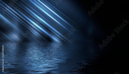Dark modern futuristic neon background. Rays and lines of light. Night view of an empty scene with neon lights. Reflection in the water of bright light. 3D illustration.