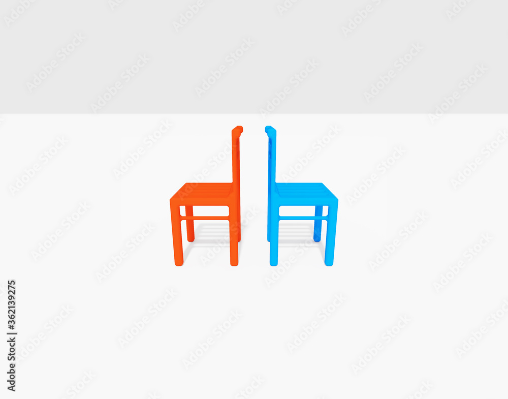 Red and blue empty minimalist chairs standing back to back. 3D illustration isolated Red and blue empty minimalist chairs standing back to back. 3D illustration isolated