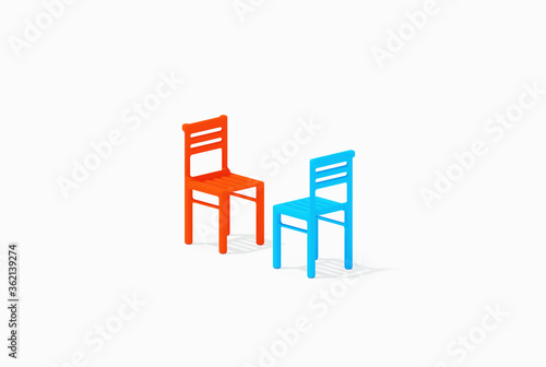 Blue and red stool staying together,  face to face interview concept, 3D illustration
