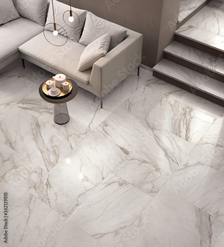 Tableau sur toile Modern living room with random stone texture seamless, stairs, interior background