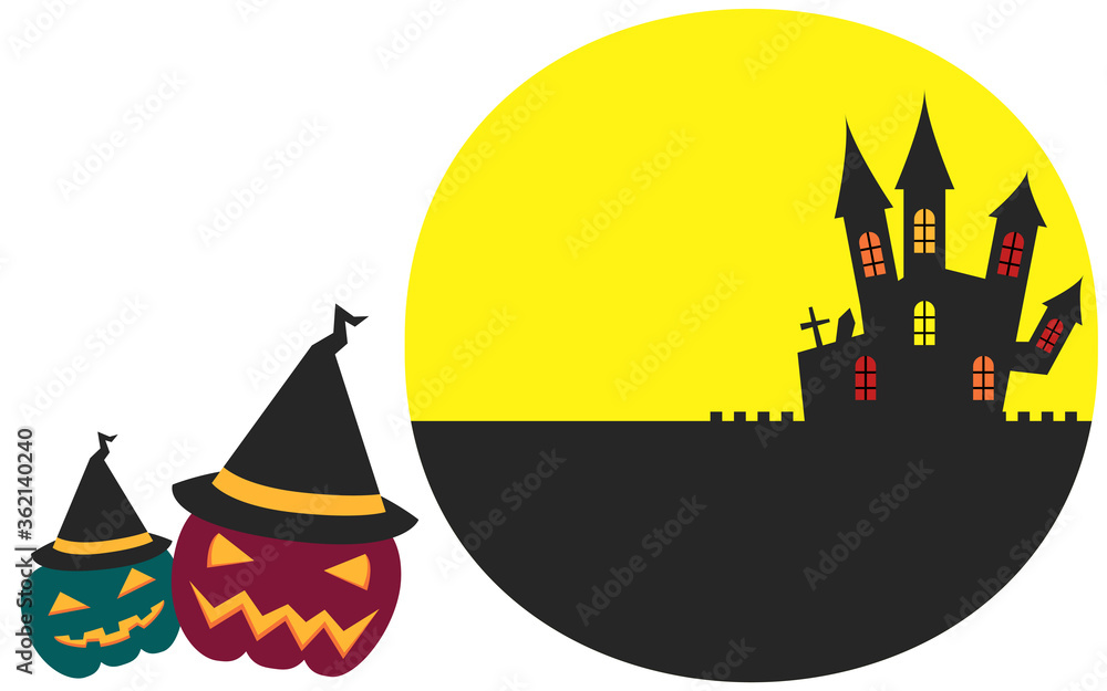 ハロウィンのイラスト：満月と古城と帽子をかぶったジャックオーランタン