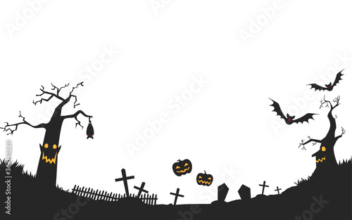 ハロウィンのカボチャと枯れ木のお化けがいる不気味な墓地