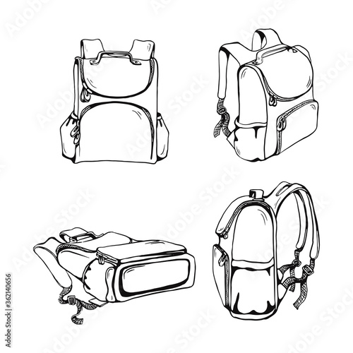 school bag set different views outline vector sketches isolated