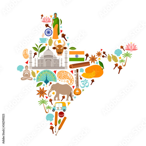 Map of India from popular country symbols. Art print for home decor. Travel map in flat style isolated on white background. Printable wall sticker, decal. Travel art.