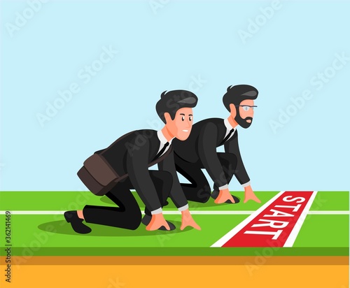 Office man in starting line ready to sprint running. business competition rivalry concept in cartoon illustration vector