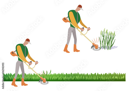 家庭菜園-石油芝刈り機で雑草を刈る男性