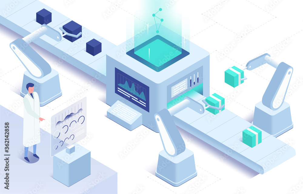 Isometric vector illustration of automation in manufacturing Isometric vector illustration of automation in manufacturing