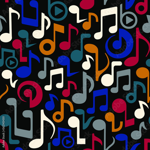 Vector seamless pattern with  colorful musical notes in diverse shapes isolated on black background