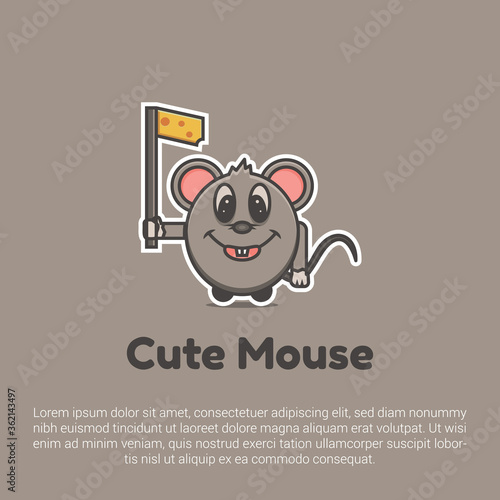 Vector illustration of cute mouse with cheese flag logo, icon, sticker design template.
