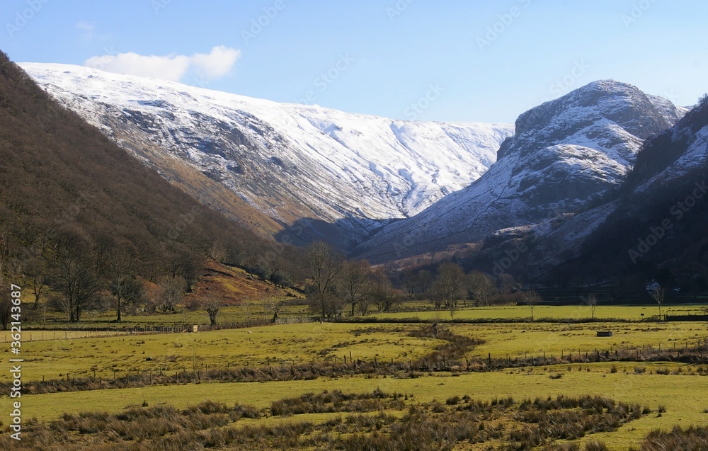 A snowy winter view of Borrowdale in the Lake District, Cumbria, England, UK