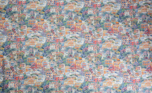 Pattern on fabric of colorful small houses. Fabric with natural texture, Cloth backdrop.