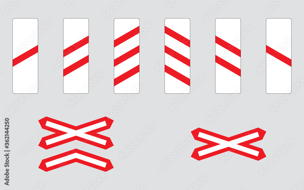 Level crossing traffic signs set. Railway signs showing approach to crossing railroad. Vector illustrations of distance to level crossing marker and Saint Andrew's cross.