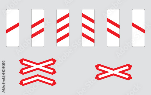Level crossing traffic signs set. Railway signs showing approach to crossing railroad. Vector illustrations of distance to level crossing marker and Saint Andrew's cross.