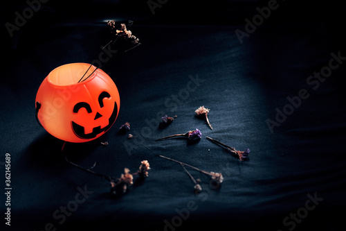 Halloween pumpkin head with dry flowers on black clothes in natural shadow and light. Halloween holiday concept. photo