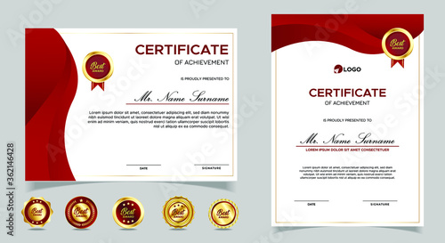 Certificate of appreciation template, gold and red color. Clean modern certificate with gold badge. Certificate border template with luxury and modern line pattern. Diploma vector template