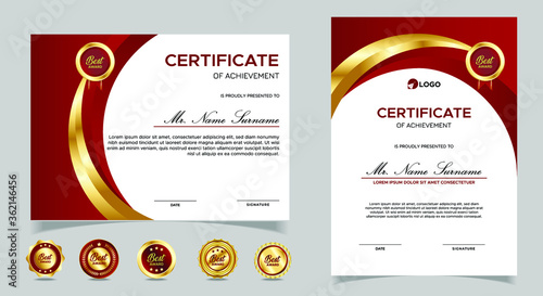 Certificate of appreciation template, gold and red color. Clean modern certificate with gold badge. Certificate border template with luxury and modern line pattern. Diploma vector template