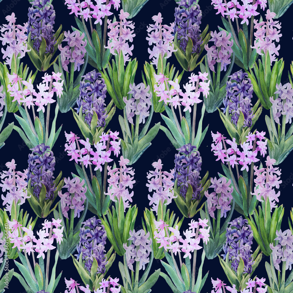 Obraz premium Seamless pattern with spring flowers. Watercolor with blossoming hyacinths on black background.