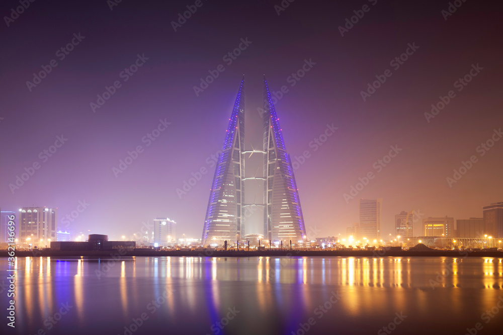 The Bahrain skyline during fog with beautiful scattered hue, a view from Bahrain bay