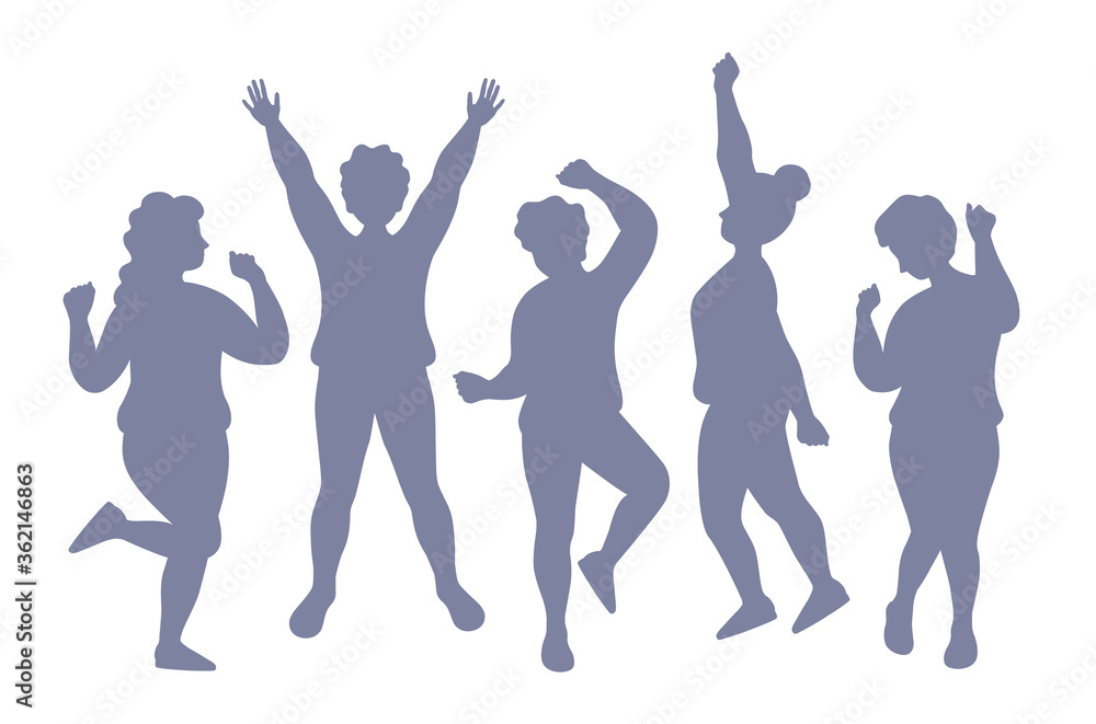 Fototapeta premium people, silhouette, dancing, jumping, fun, cheerful, motion, party, vector, body positive, power, enjoy, emotion, dance, energy, white, background, up, joyful, friend, flat, freedom, active, friendshi
