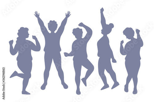 people  silhouette  dancing  jumping  fun  cheerful  motion  party  vector  body positive  power  enjoy  emotion  dance  energy  white  background  up  joyful  friend  flat  freedom  active  friendshi
