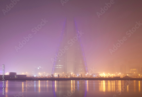 The Bahrain skyline during fog with beautiful scattered hue, a view from Bahrain bay
