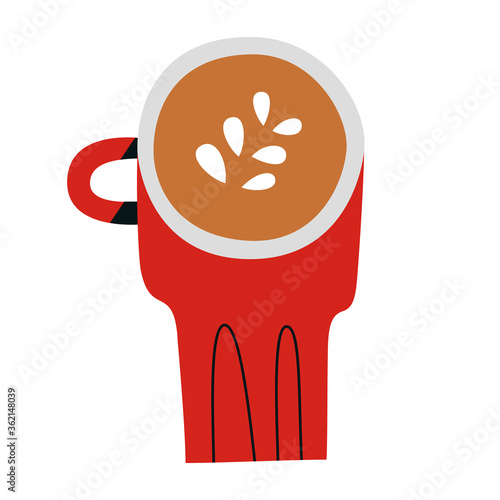 Cappuccino doodle cup, red mug with capuccino coffee drink with milk foam, hand drawn icon, isolated vector illustration