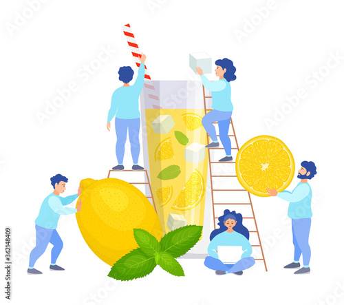 A team of tiny people make lemonade. Vector illustration in flat style. Men and women prepare a refreshing drink together. Cooking Lemonade Concept.