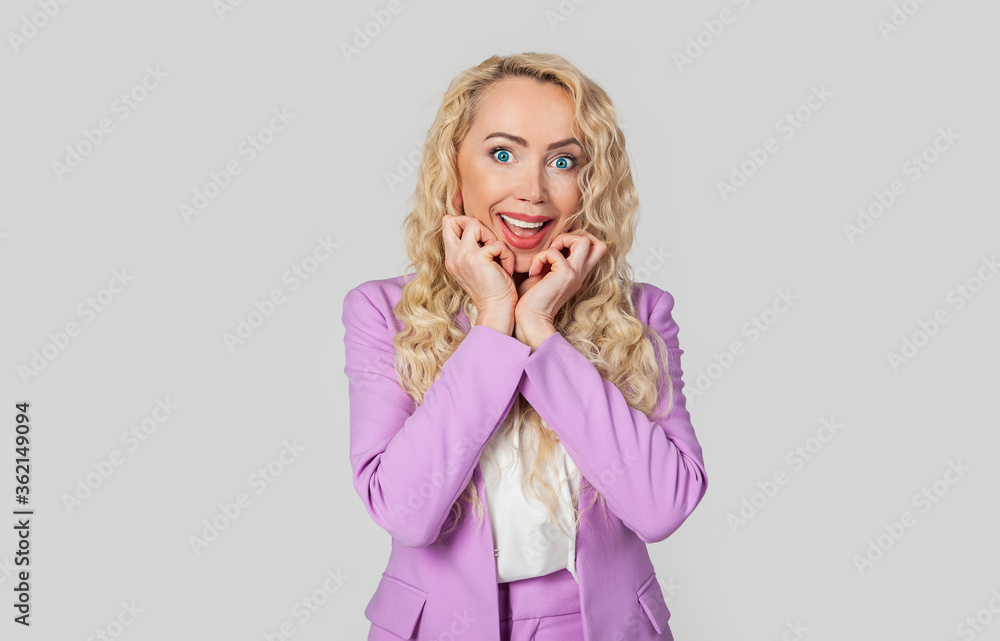 Impressed admiring enthusiastic woman, open mouth surprised holding hands face Impressed admiring enthusiastic woman, open mouth surprised holding hands face
