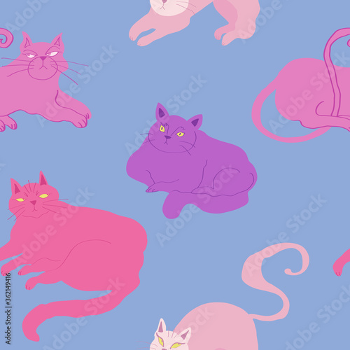 Vector seamless pattern with cute pink cats on blue background photo