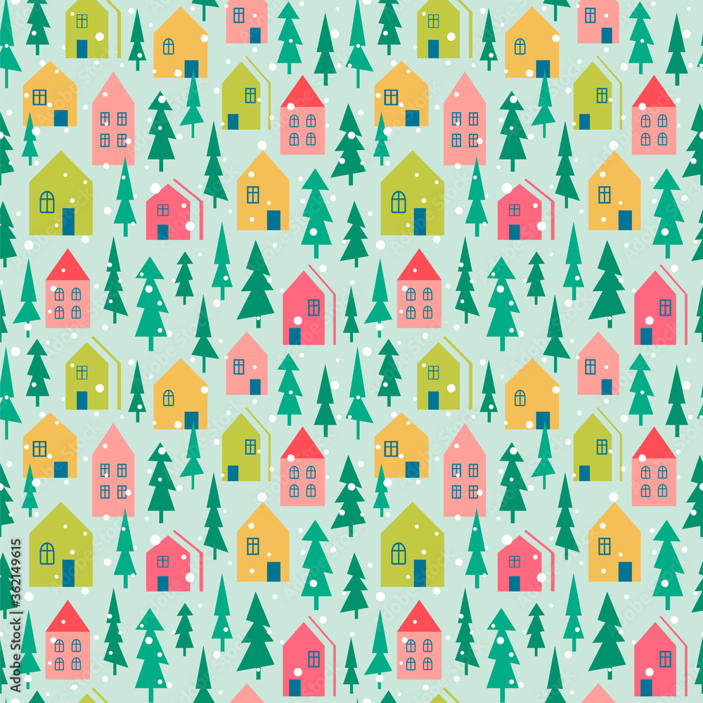 Seamless vector pattern with town and forest.