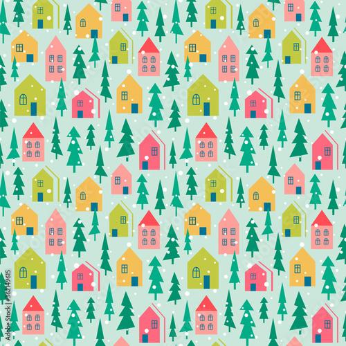 Seamless vector pattern with town and forest.