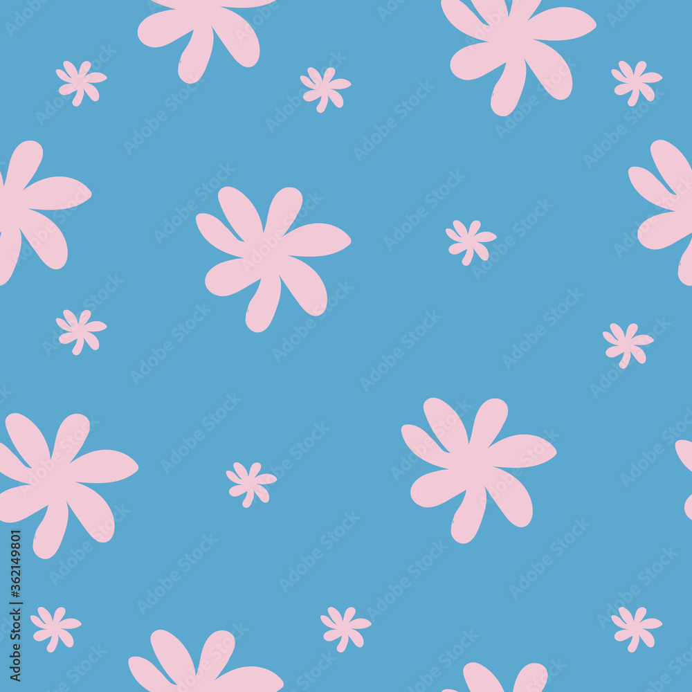 Vector seamless pattern with simple pink flowers on blue background