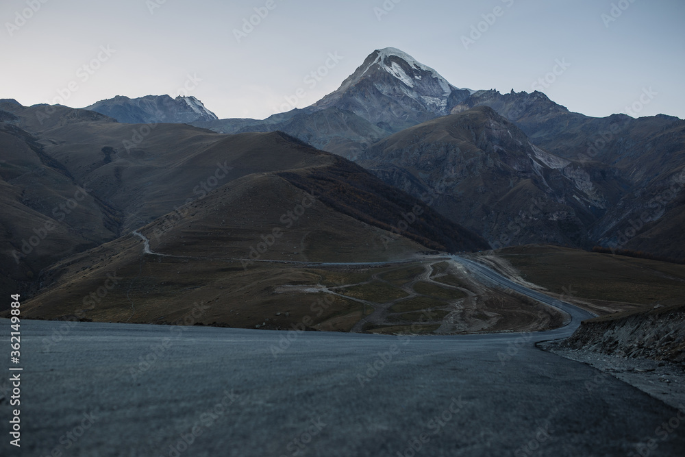 road to Mount Kazbek. Georgian mountains and landscapes. mountain peaks road to Mount Kazbek. Georgian mountains and landscapes. mountain peaks