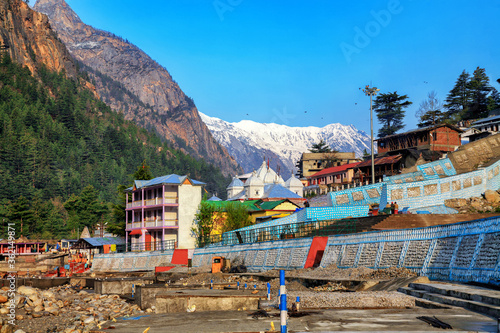 View of Gangotri town with mountains and holy ganga river. Uttarakhand, India. © artqu