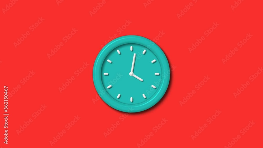 Amazing cyan color 3d wall clock isolated on red background,Counting down clock animation Amazing cyan color 3d wall clock isolated on red background,Counting down clock animation