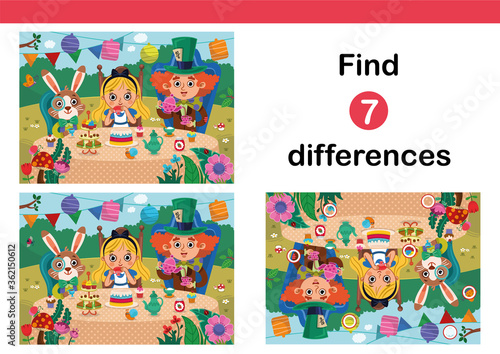 Find 7 differences education game for kids. Puzzle game for kids Alice in Wonderland style.