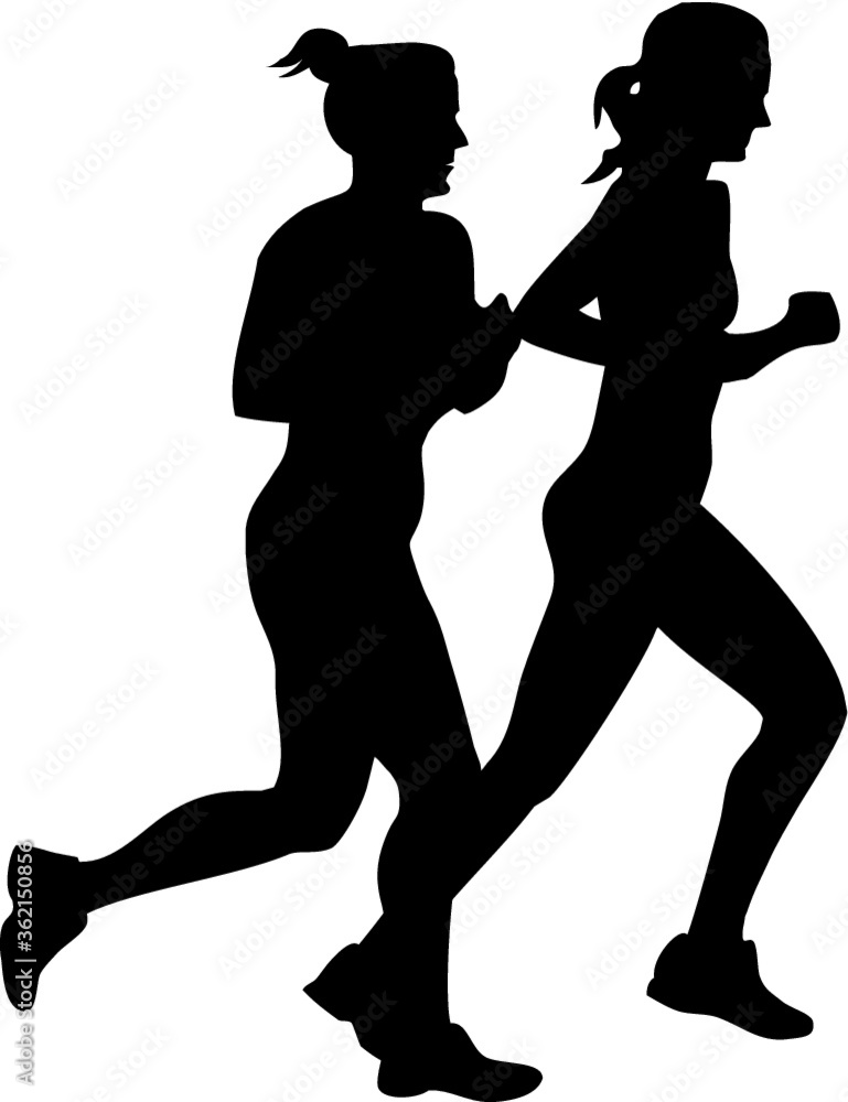 Two girls jogging. Silhouettes of two girls running