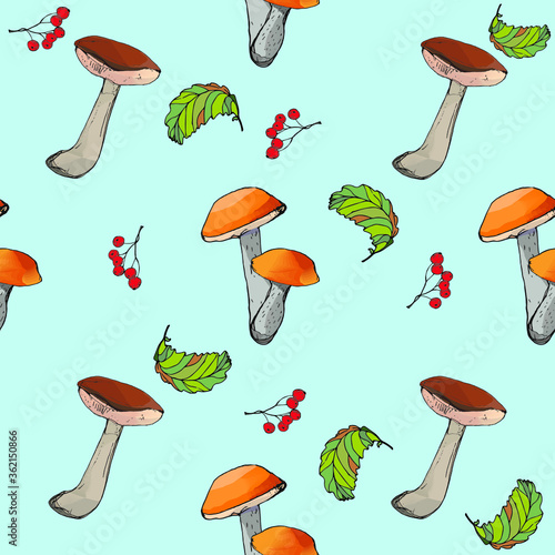 Mushrooms edible vegeterian organic mushrooming seamless pattern, vector illustration.  boletus, aspen mushroom. 