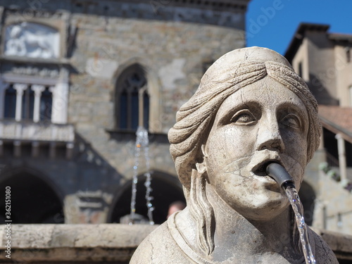 Bergamo  Italy. Close-up of the sphinx from whose mouth the water of the fountain flows. The Contarini fountain located at the main square at the old town. Best monument of the to city