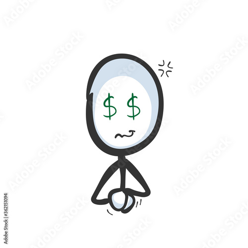 Dollar eyes greedy man. Vector simple want money, jealous materialistic person. Stickman cartoon clipart. Hand drawn. Doodle sketch, graphic illustration
