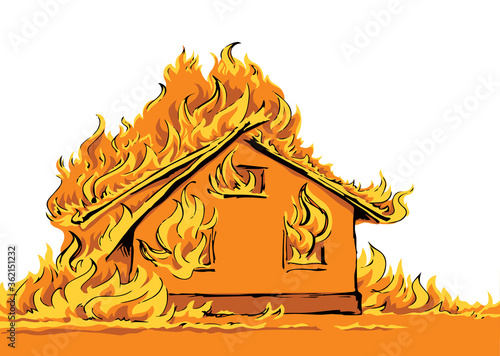 Burning house. Vector drawing sketch
