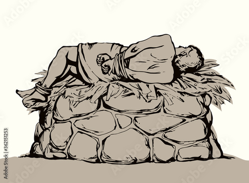 Man With hands tied on altar. Vector drawing