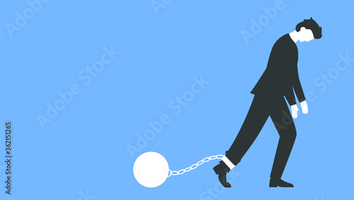 Vector illustration of depressed businessman in a suit walking with a heavy load attached by chain to the leg. Exhausted man walking with his head bowed. Represents a concept of stress at work